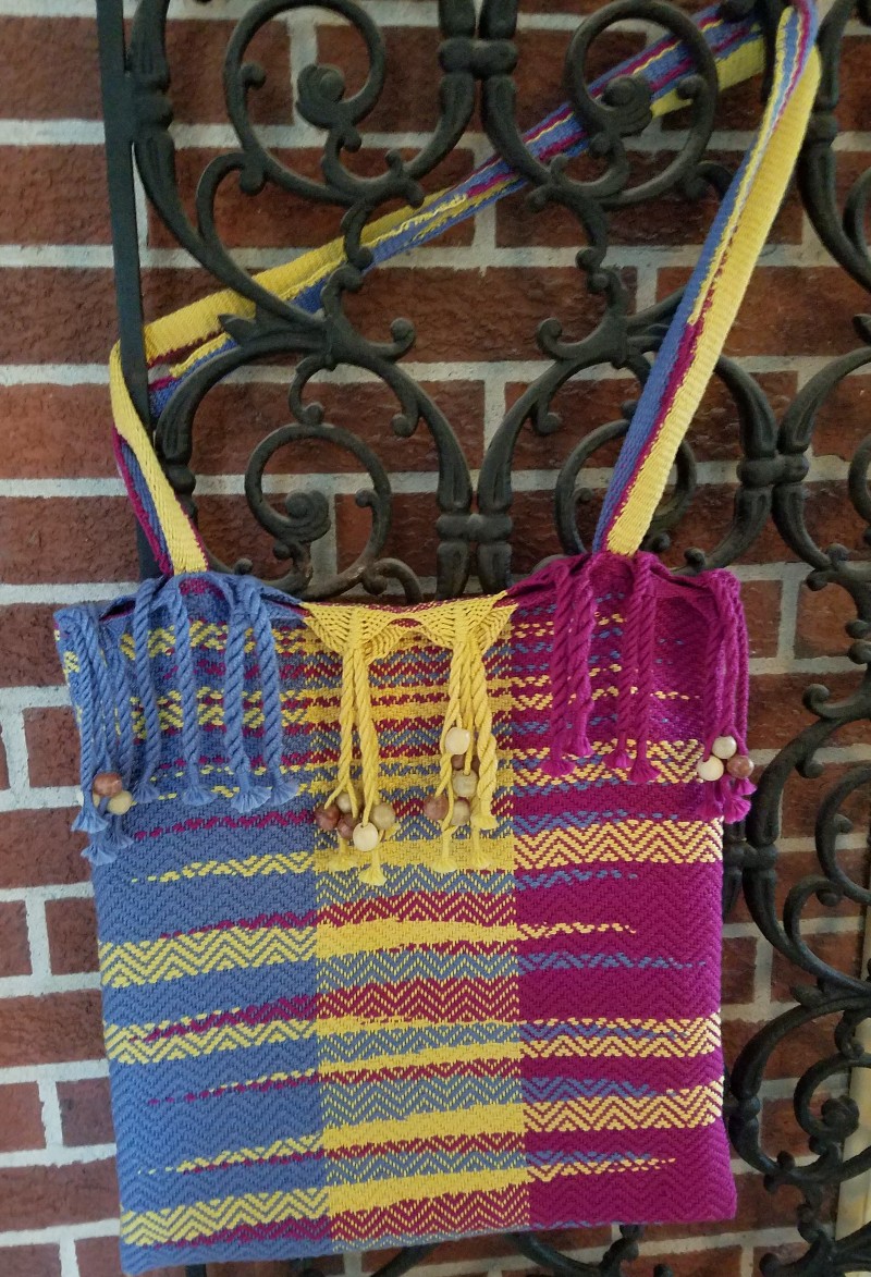 A colorful hand-woven bag.