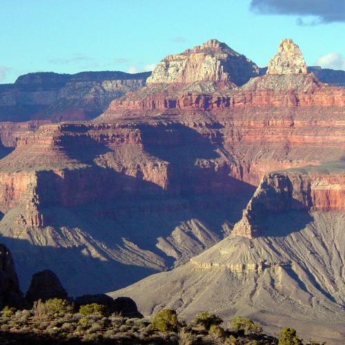 Zoroaster and Brama Temples as seen from Mormon Flats on the South Kaibab Trail, Grand Canyon National Park.